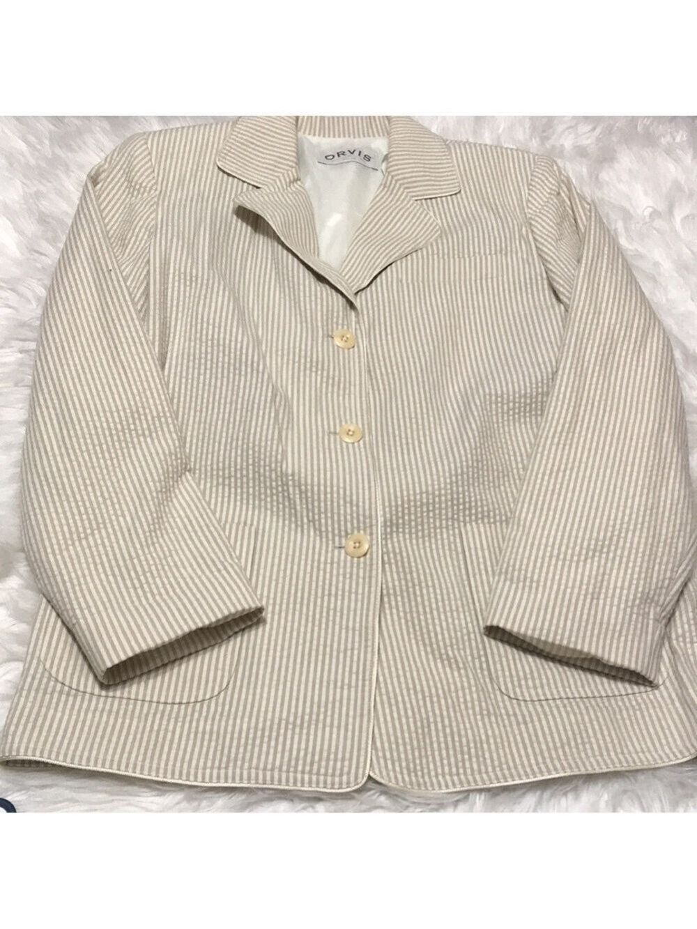 ORVIS SEERSUCKER BEIGE AND WHITE STRIPED BLAZER SZ MEDIUM